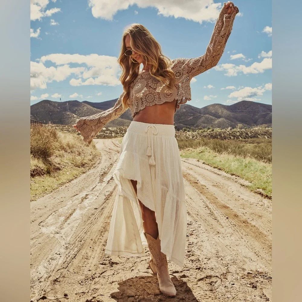NWT Promesa High Low Asymmetrical Textured Cotton Smocked Drawstring Maxi Skirt - Picture 2 of 11